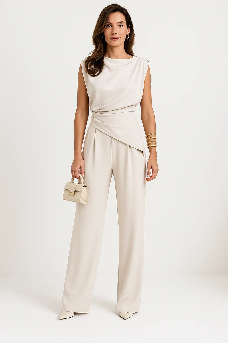 Women's Draped Sleeveless Top and High Waist Wide Leg Pants Set