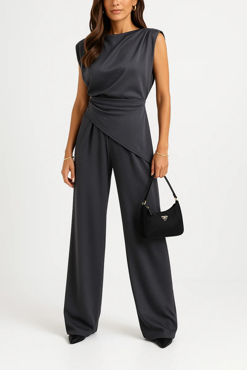 Women's Draped Sleeveless Top and High Waist Wide Leg Pants Set