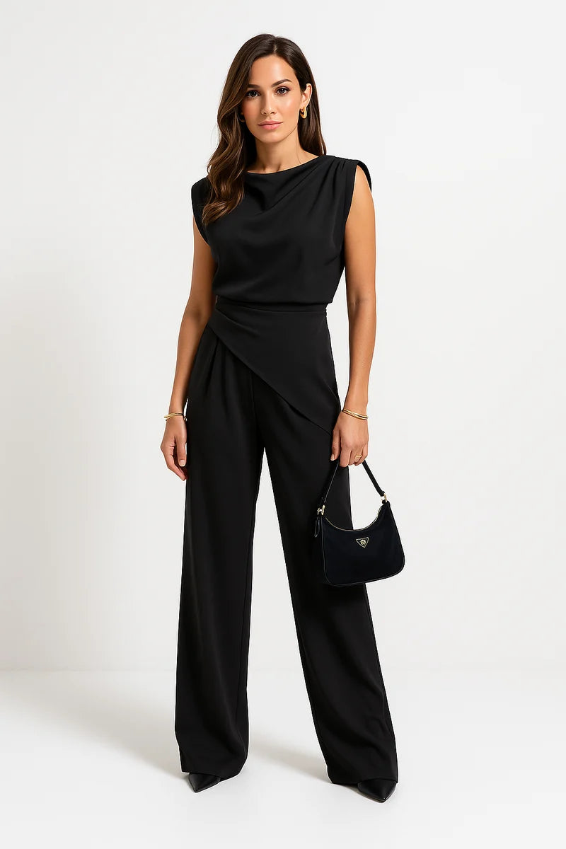 Women's Draped Sleeveless Top and High Waist Wide Leg Pants Set