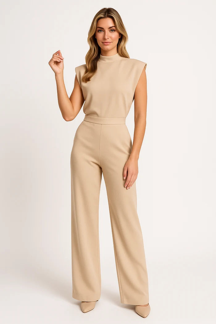Women's Wide Leg Jumpsuit with Mock Neck and Structured Shoulders