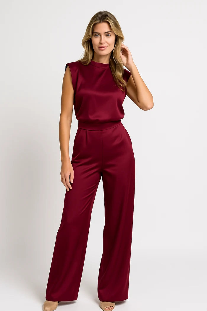 Women's Wide Leg Jumpsuit with Mock Neck and Structured Shoulders