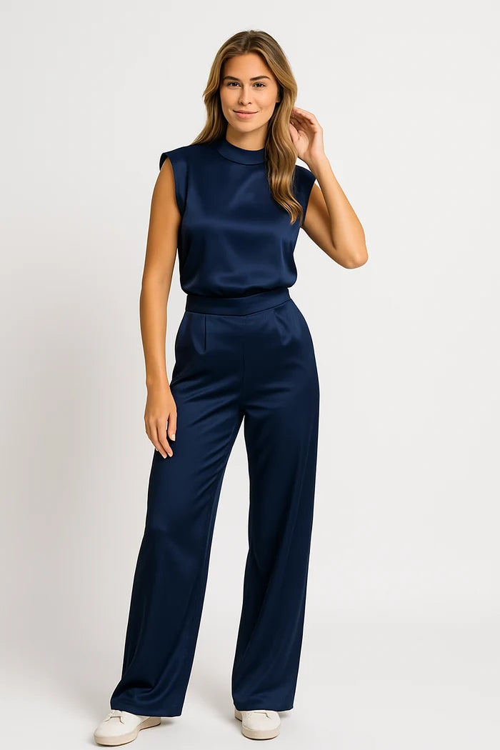 Women's Wide Leg Jumpsuit with Mock Neck and Structured Shoulders