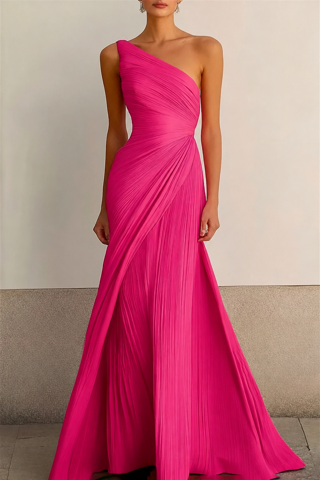 Women's Asymmetric Pleated Gown, Full Length