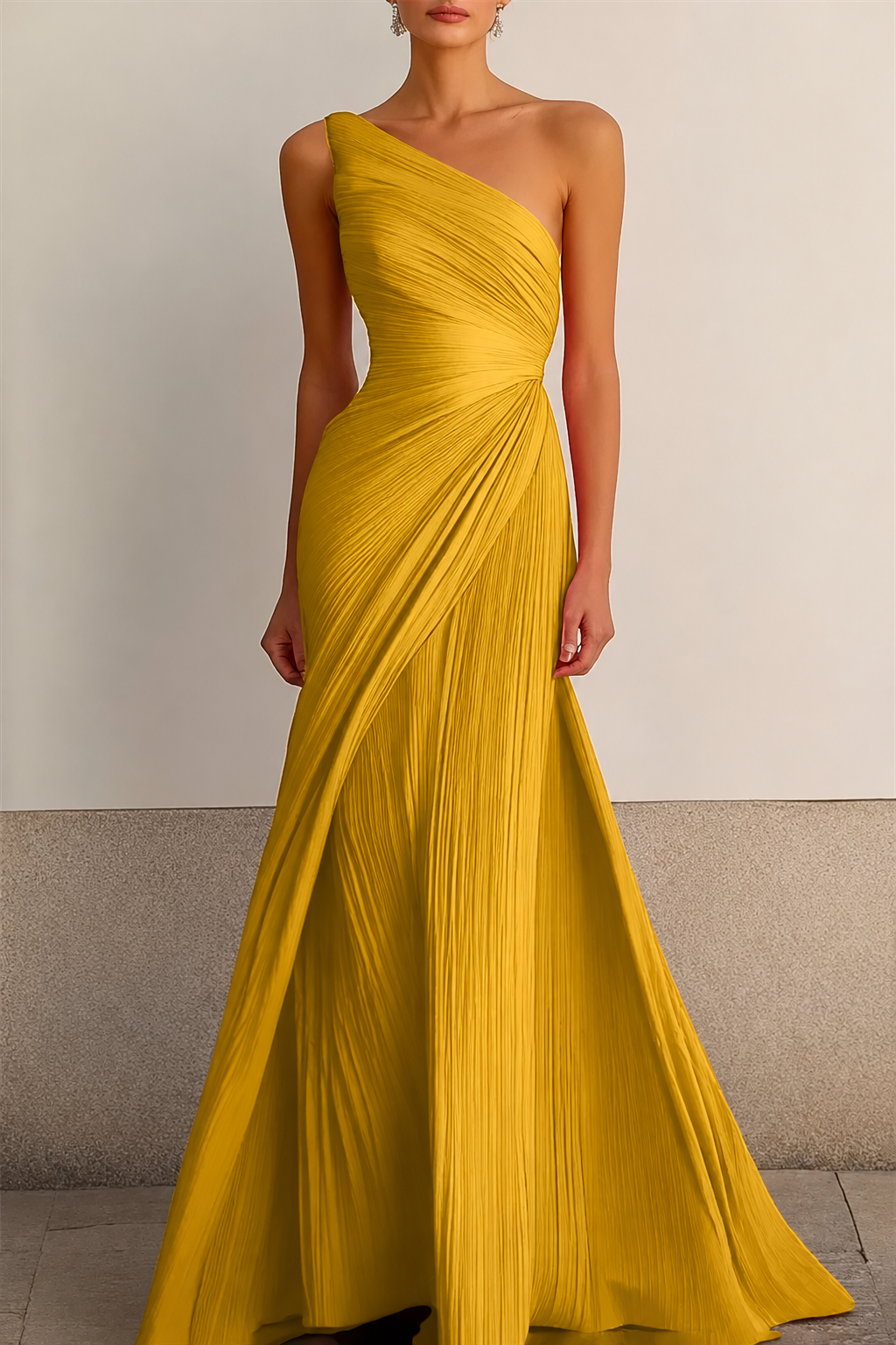 Women's Asymmetric Pleated Gown, Full Length