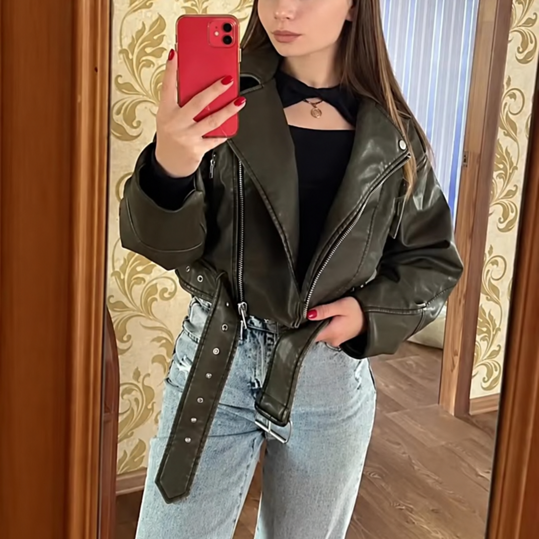 Women's Biker Style Jacket, Cropped Black