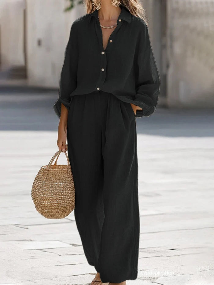 Women's Oversized Button Up Shirt and Wide Leg Pants Set