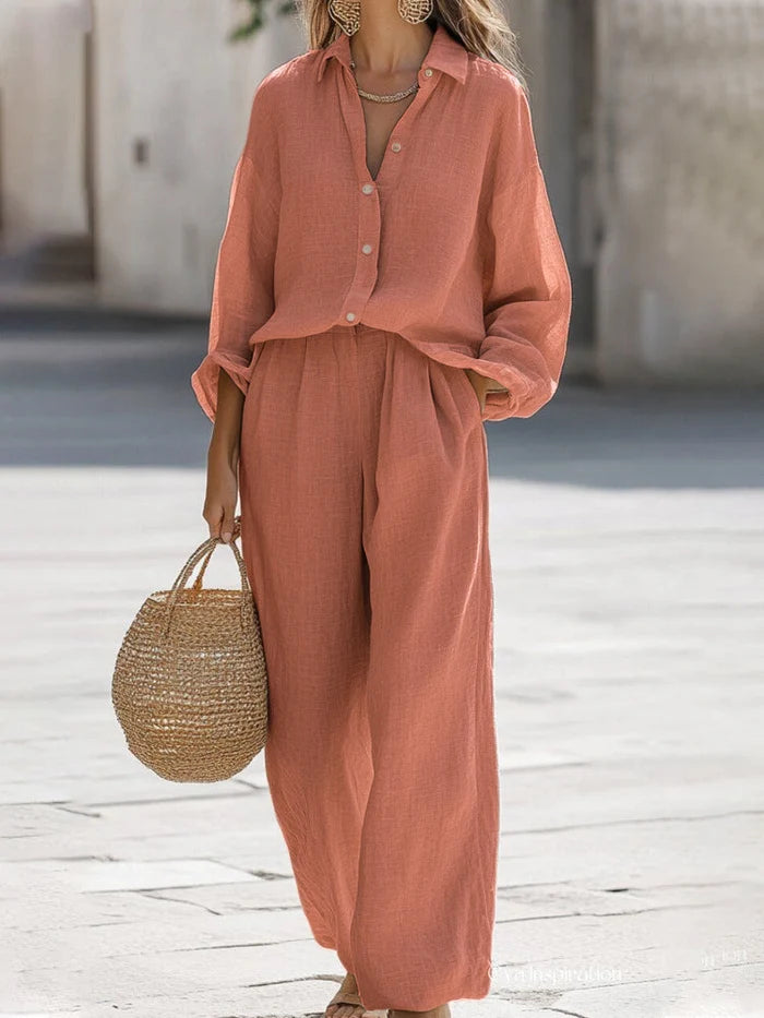 Women's Oversized Button Up Shirt and Wide Leg Pants Set
