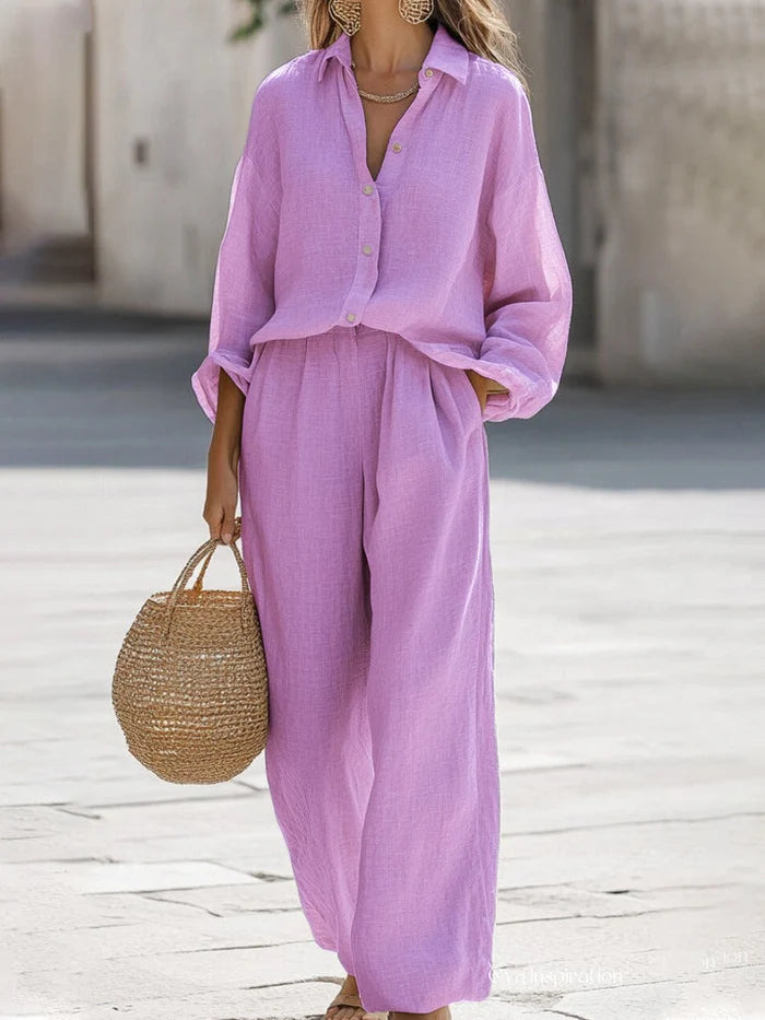 Women's Oversized Button Up Shirt and Wide Leg Pants Set
