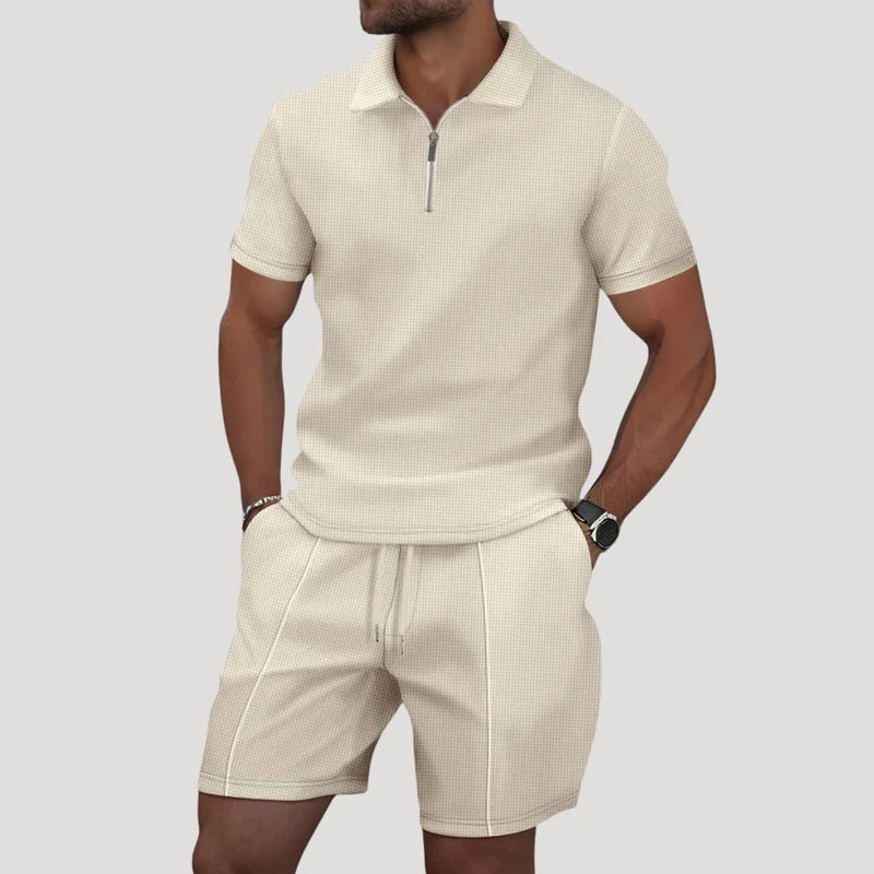 The Alba Men's Textured Zip Polo Shirt and Shorts Set