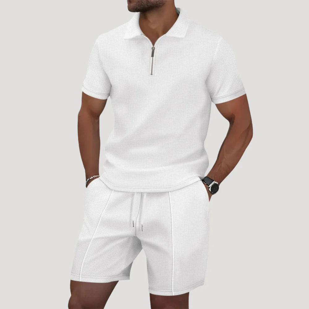 The Alba Men's Textured Zip Polo Shirt and Shorts Set