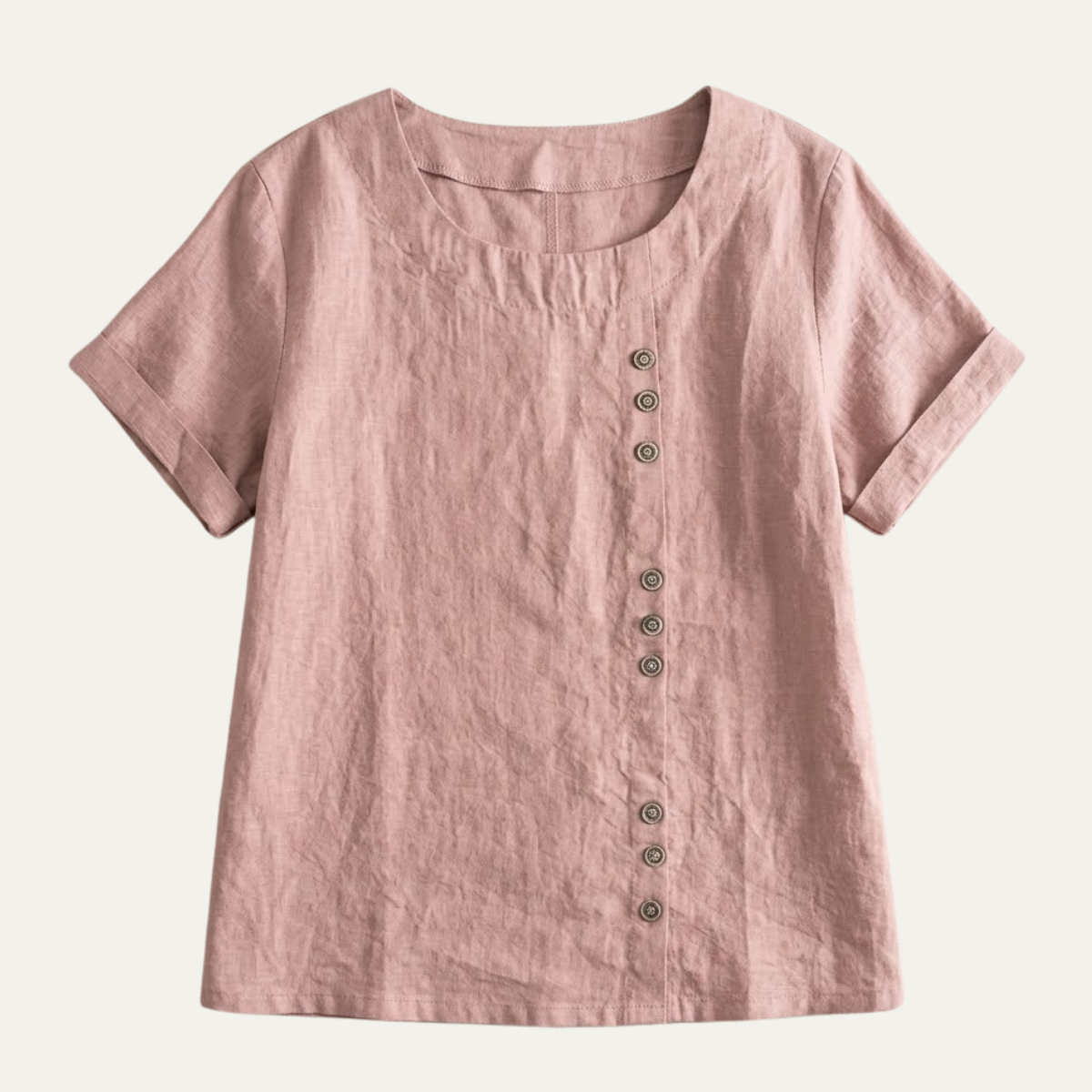Women's Round Neck Short Sleeve Top with Button Detail