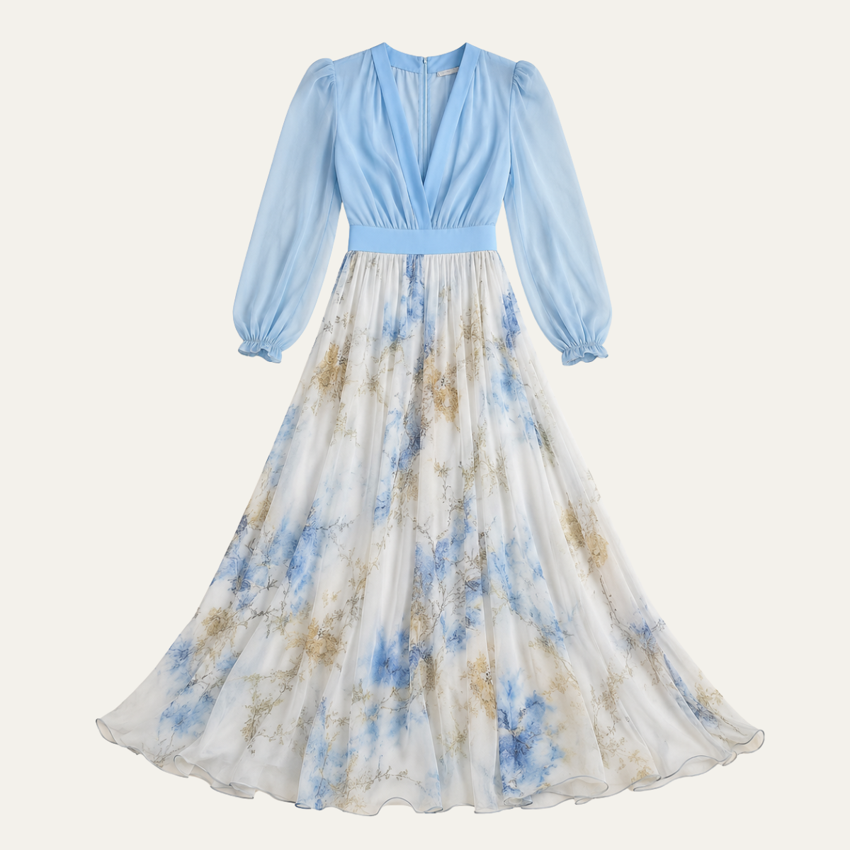 Deep V Neck Long-Sleeve Maxi Dress with Floral Print Skirt