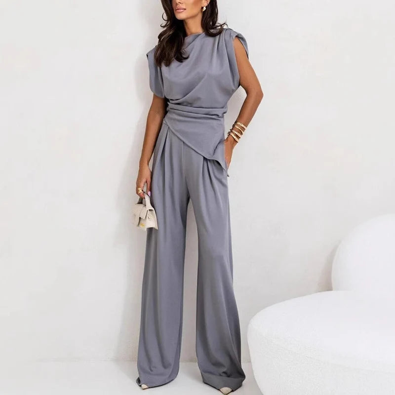 Women's Draped Sleeveless Top and High Waist Wide Leg Pants Set