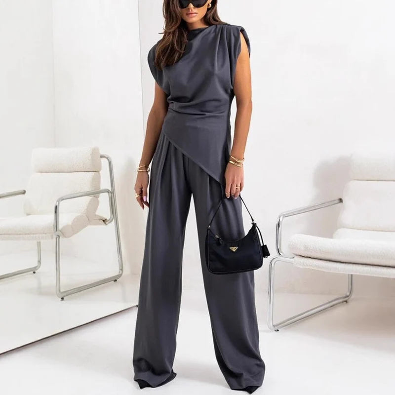 Women's Draped Sleeveless Top and High Waist Wide Leg Pants Set