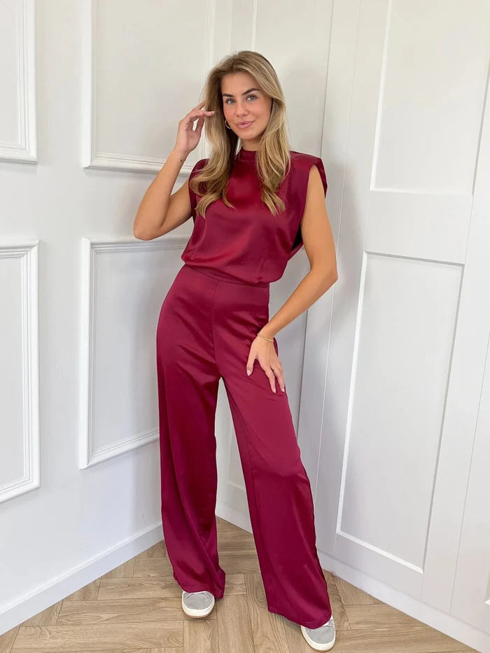 Women's Wide Leg Jumpsuit with Mock Neck and Structured Shoulders