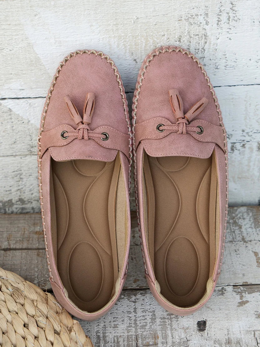 Blue Tassel Loafers with Stitching and Flat Sole