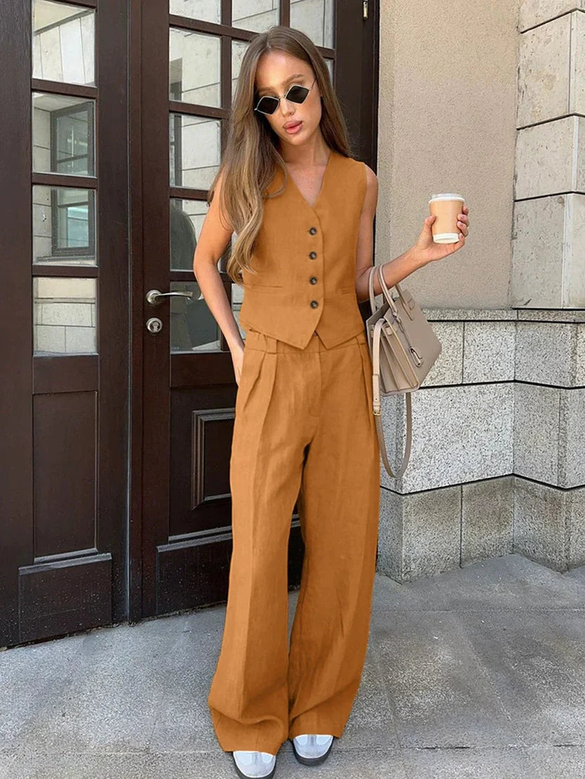 Orange Two Piece Vest and Wide Leg Pants Set