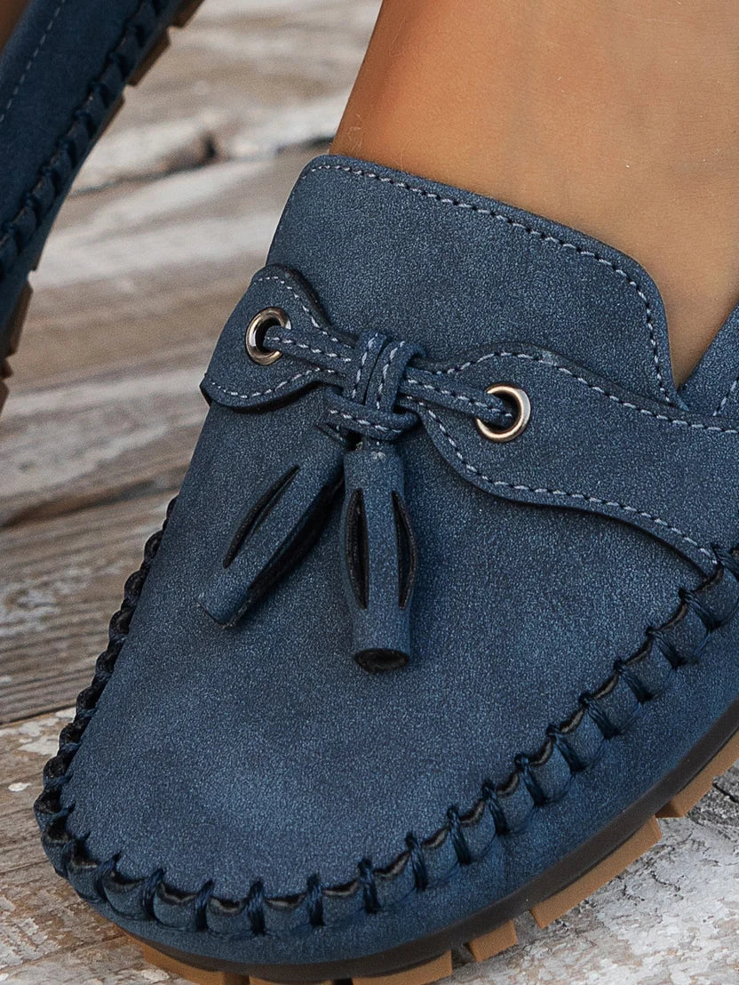 Blue Tassel Loafers with Stitching and Flat Sole