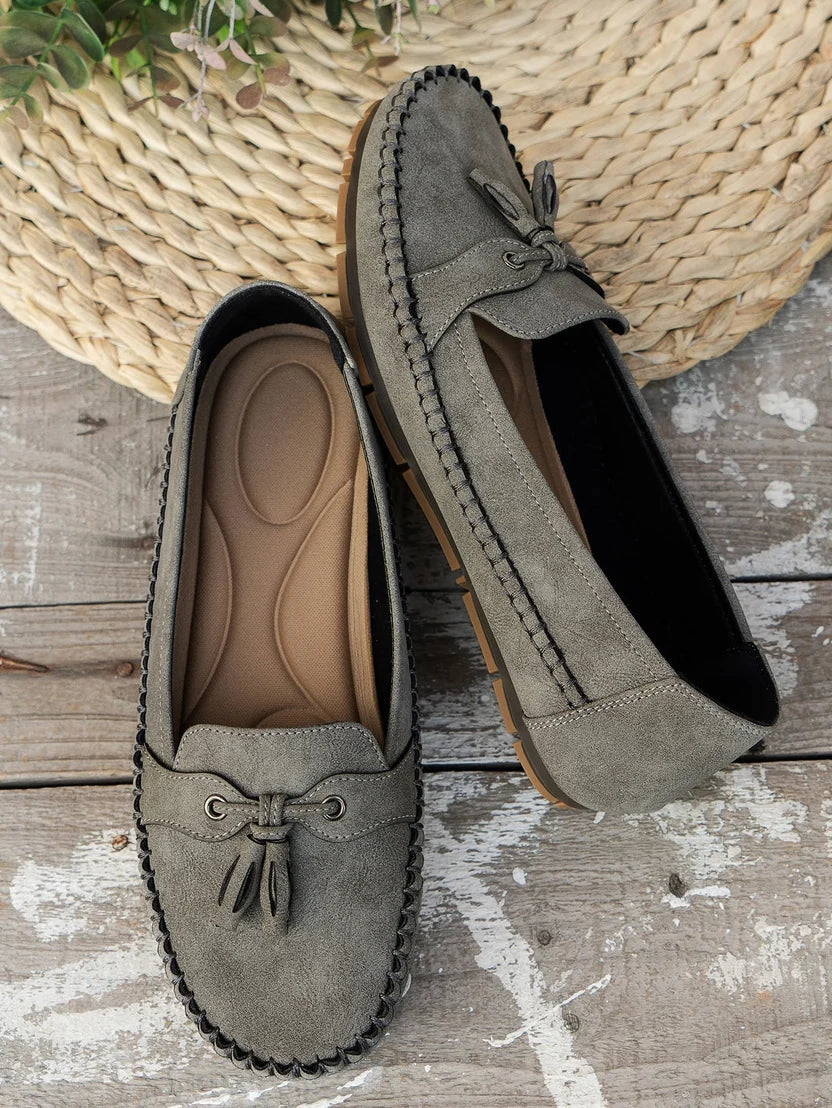Blue Tassel Loafers with Stitching and Flat Sole