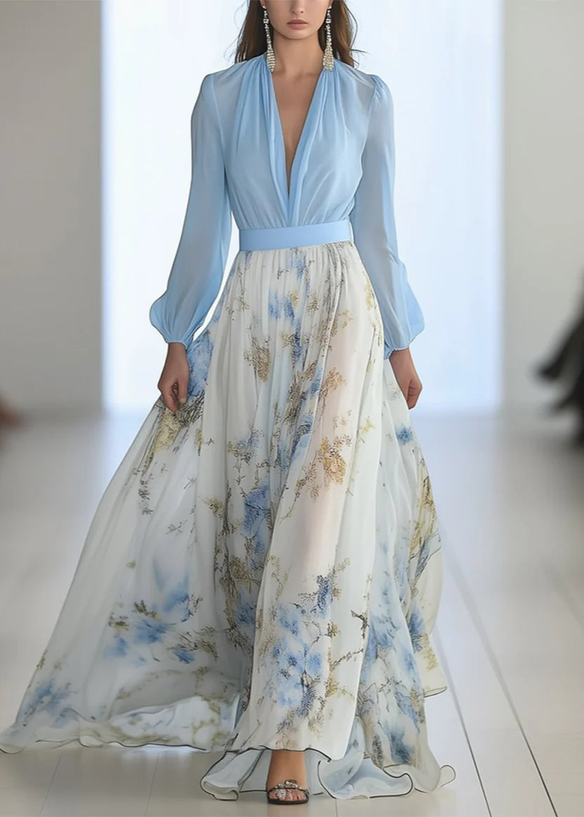 Deep V Neck Long-Sleeve Maxi Dress with Floral Print Skirt