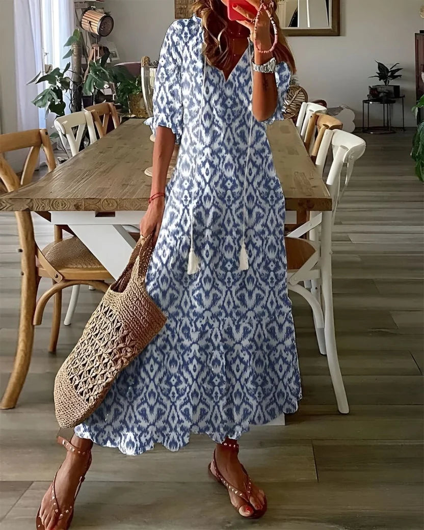 Boho Print Maxi Dress with V Neck and Puff Sleeves