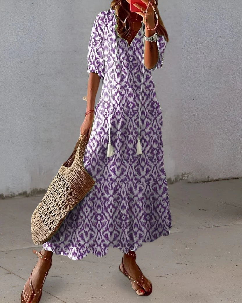 Boho Print Maxi Dress with V Neck and Puff Sleeves