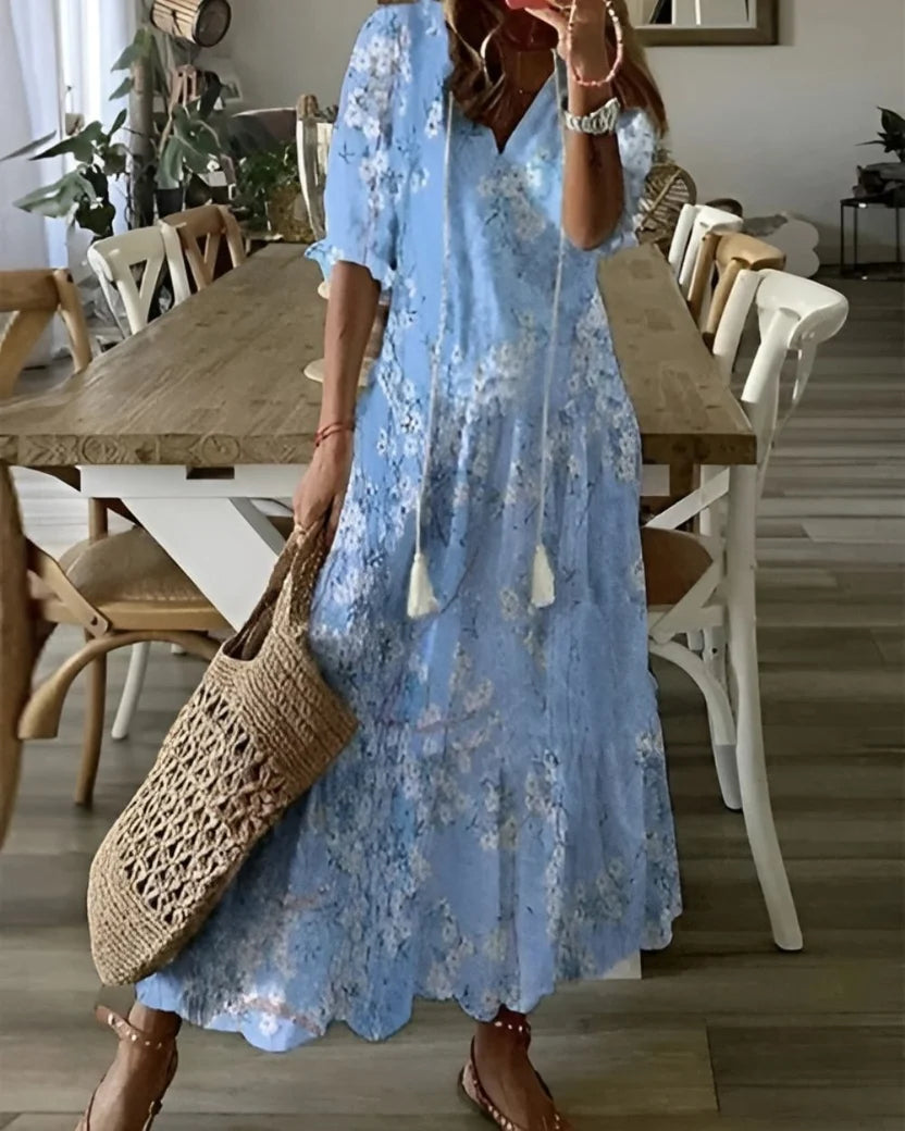 Boho Print Maxi Dress with V Neck and Puff Sleeves