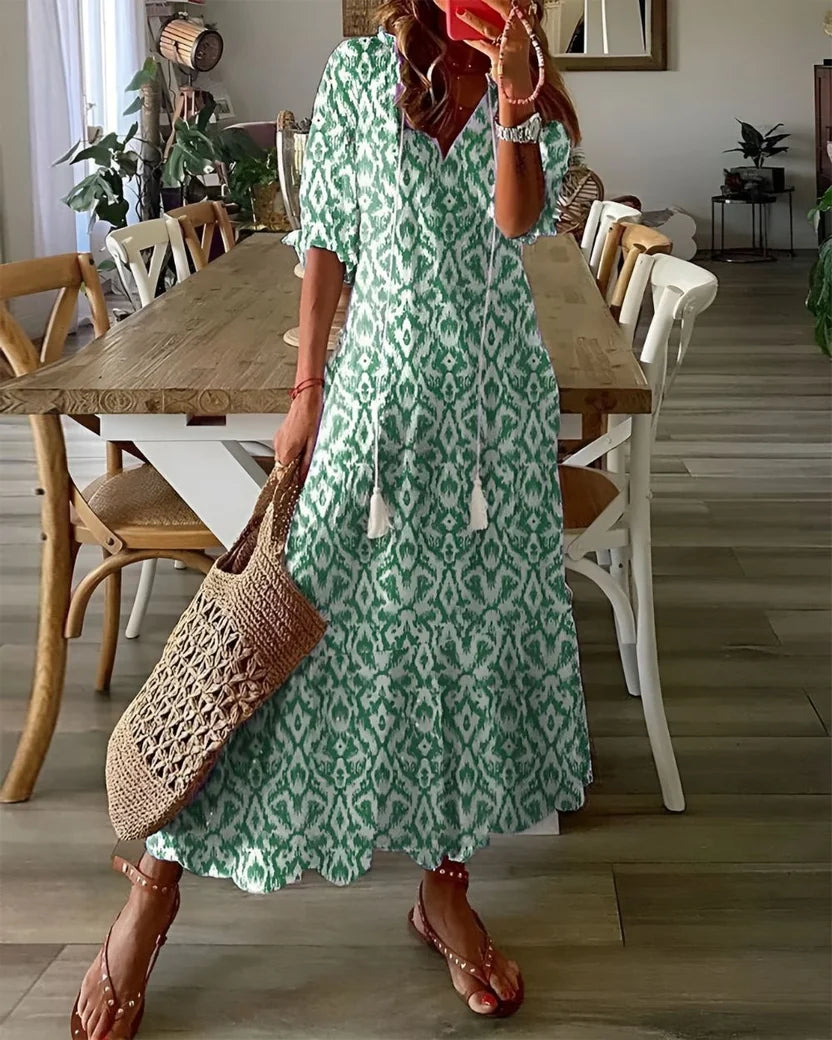 Boho Print Maxi Dress with V Neck and Puff Sleeves