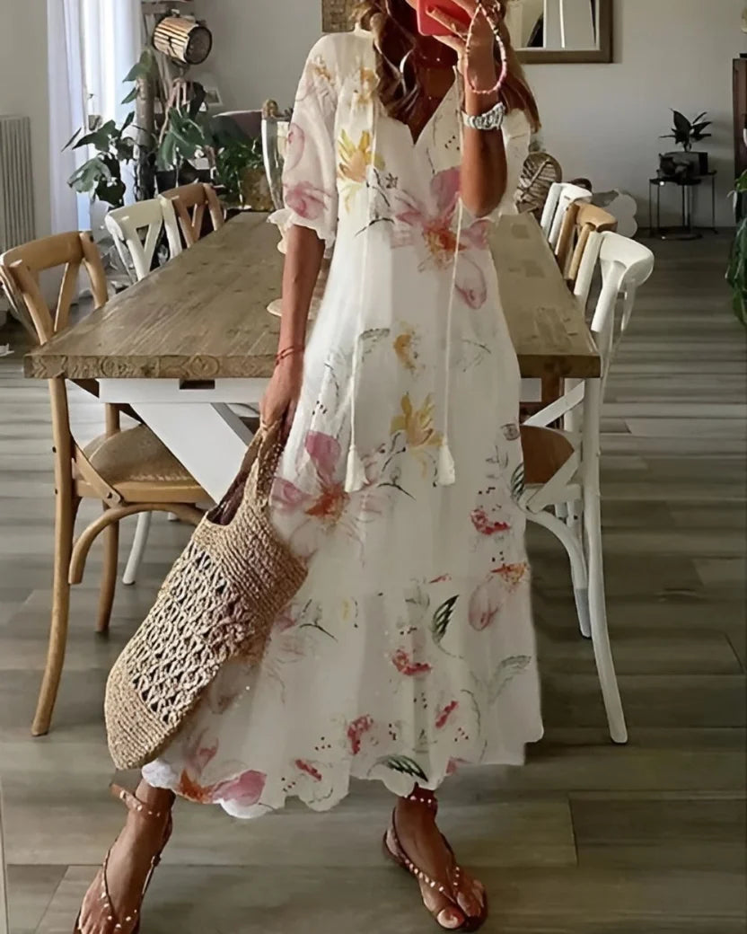 Boho Print Maxi Dress with V Neck and Puff Sleeves