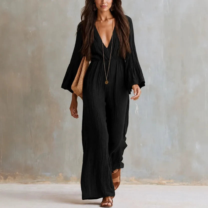 Wide Leg Jumpsuit with Deep V Neck and Flare Sleeves
