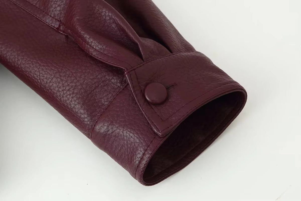 Women's Wine Red Jacket with Fur Collar