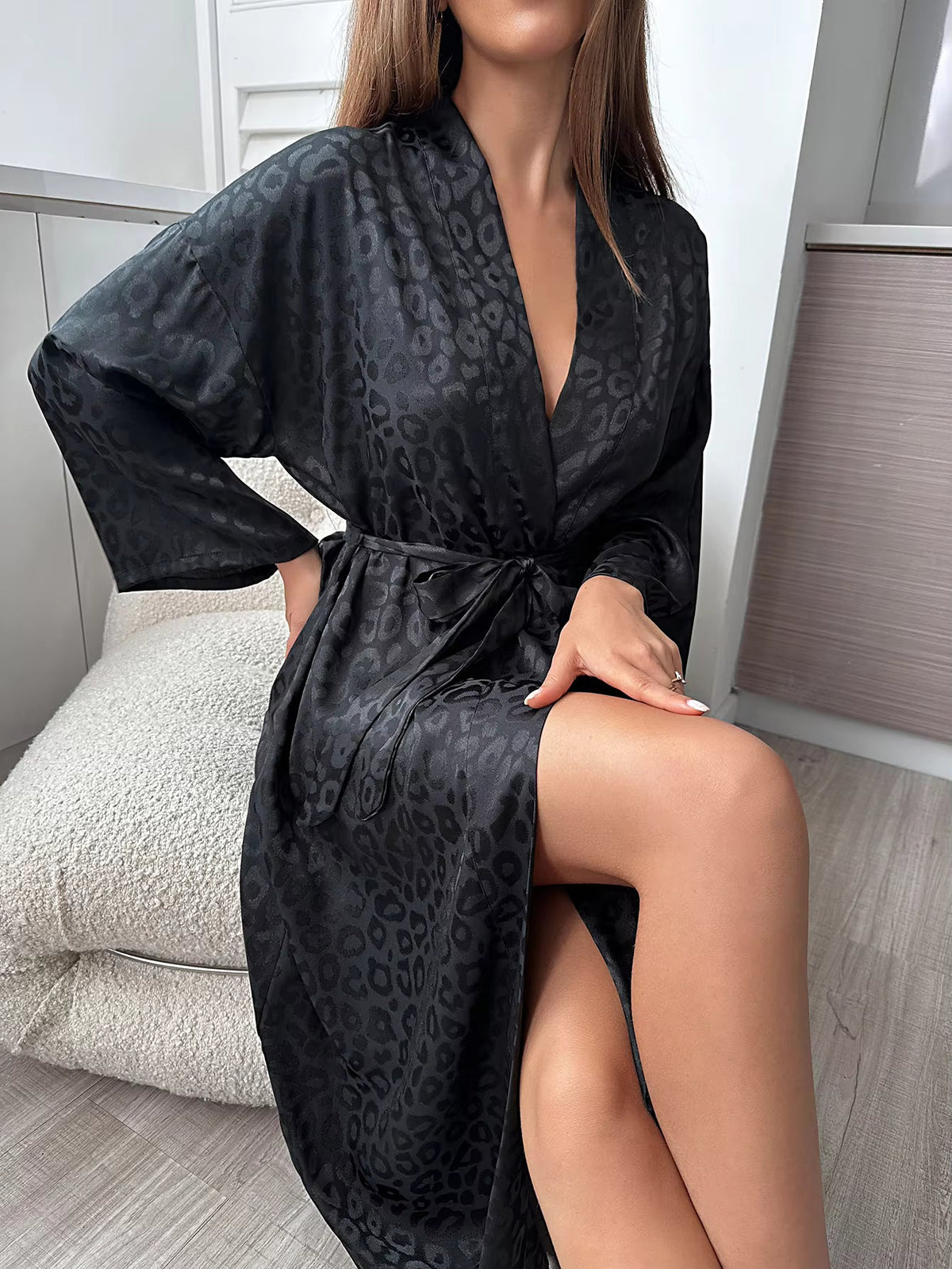 Women's Leopard Satin Robe, Wrap Cut