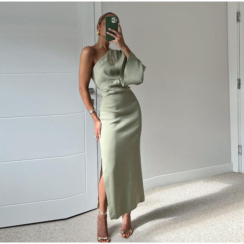 Women's Gathered Gown with Uneven Shoulder