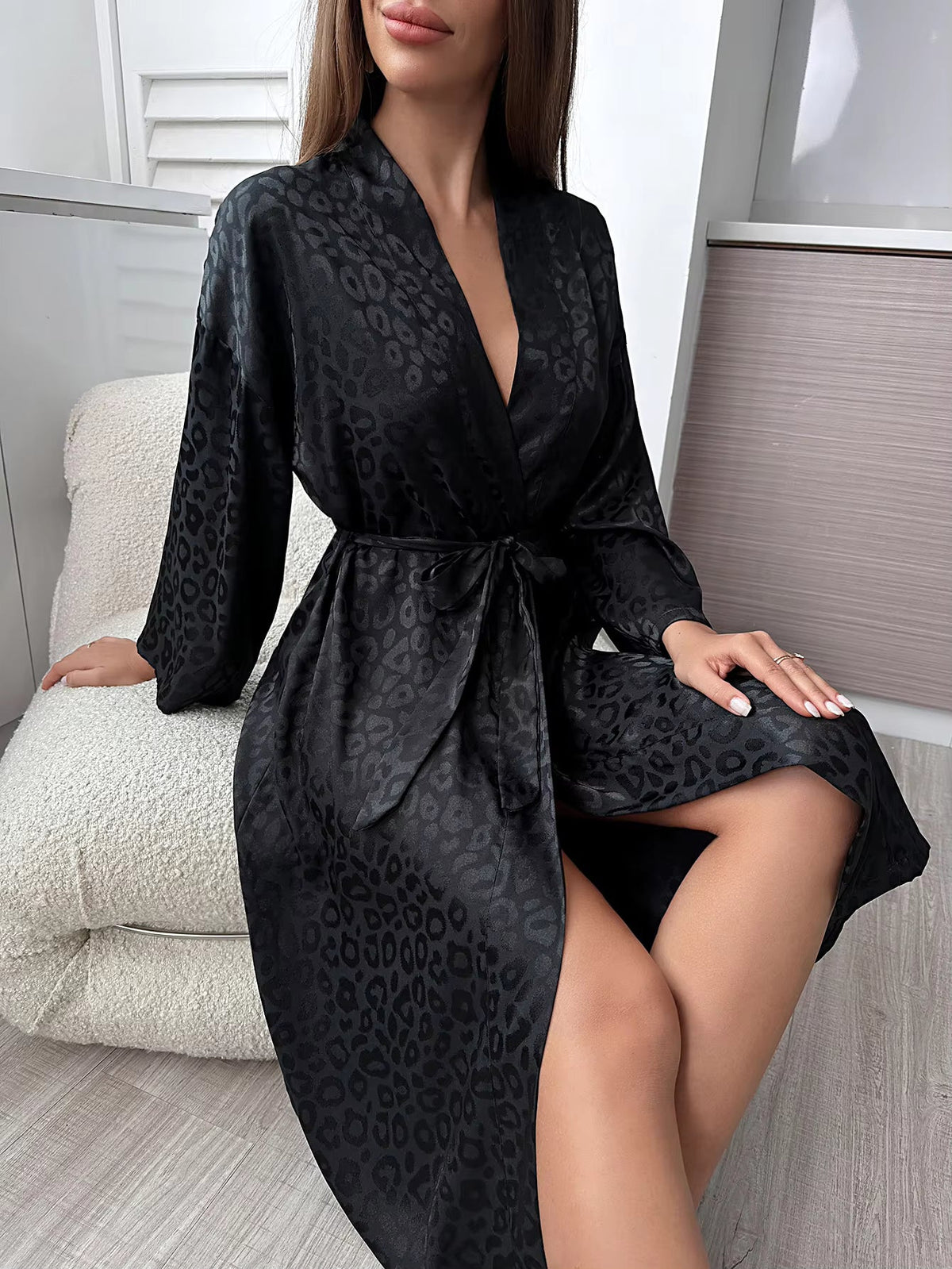 Women's Leopard Satin Robe, Wrap Cut