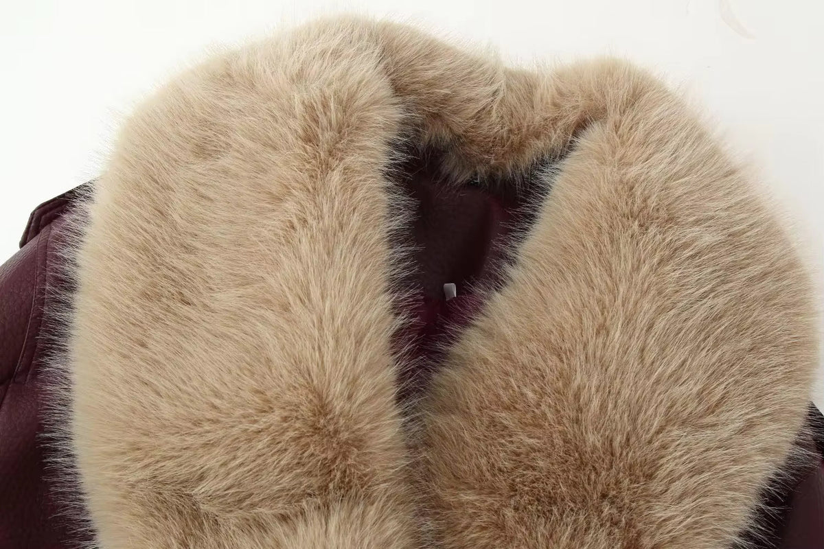 Women's Wine Red Jacket with Fur Collar
