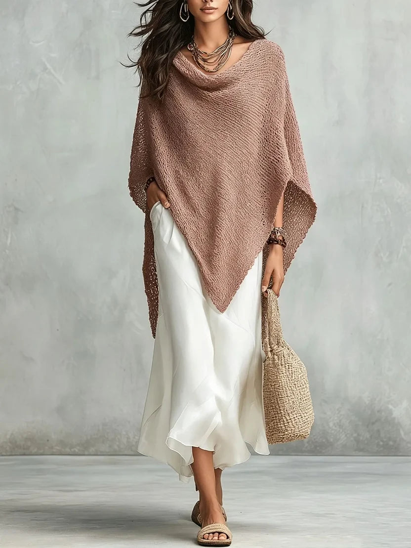 Knit Poncho and White Maxi Skirt Two Piece Set