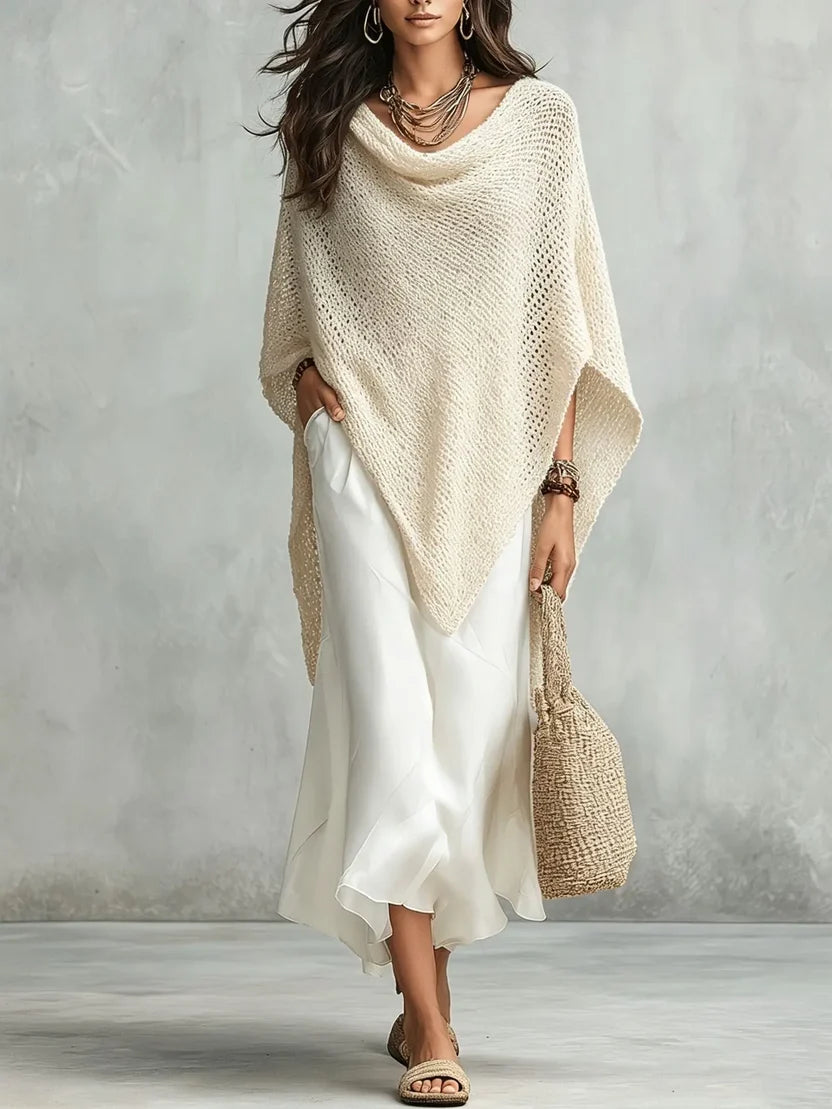 Knit Poncho and White Maxi Skirt Two Piece Set