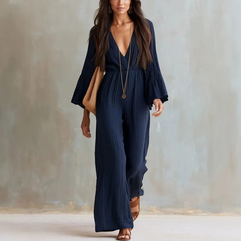 Wide Leg Jumpsuit with Deep V Neck and Flare Sleeves