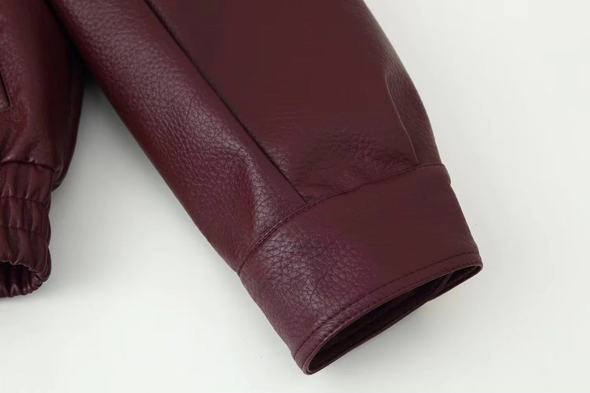 Women's Wine Red Jacket with Fur Collar