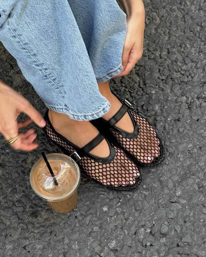 Women's Mesh Ballet Flats with Buckle Strap