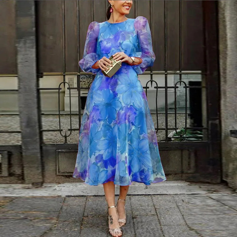 Pink Floral Midi Dress with Sheer Long Sleeves