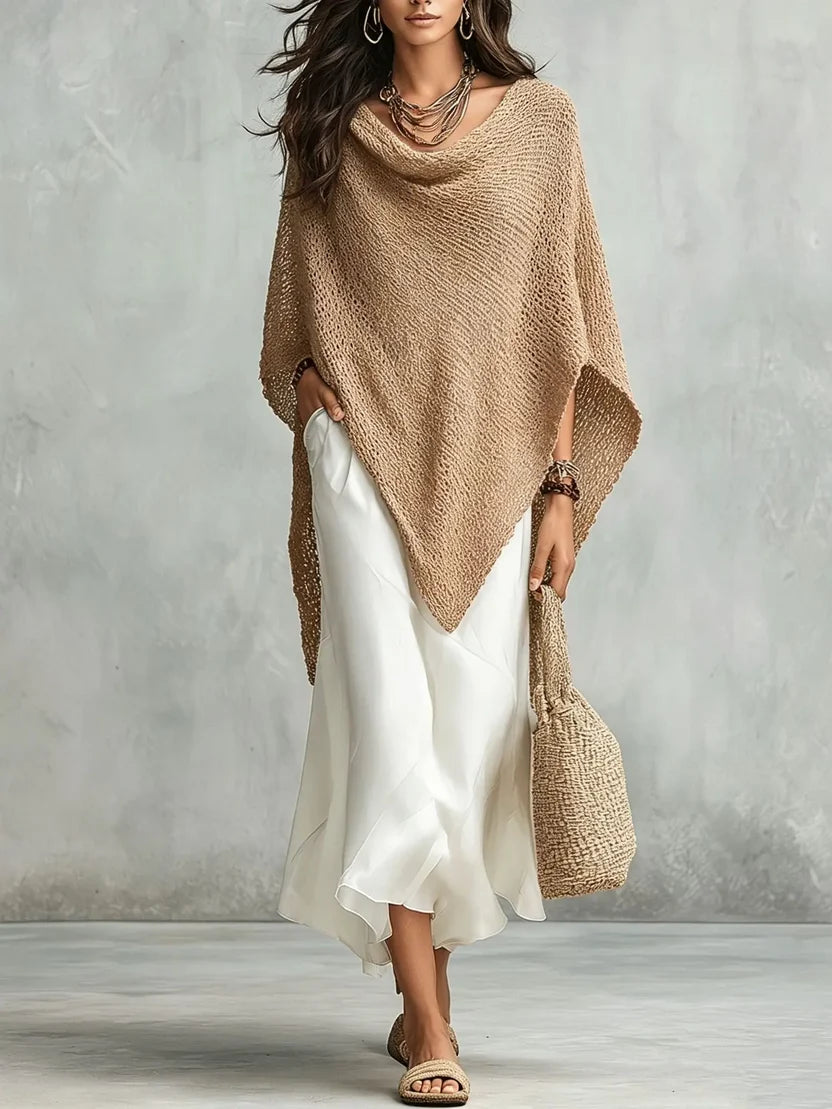 Knit Poncho and White Maxi Skirt Two Piece Set