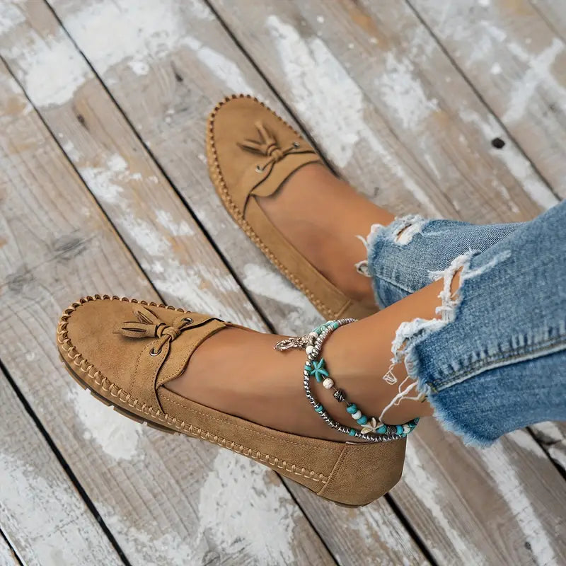 Blue Tassel Loafers with Stitching and Flat Sole