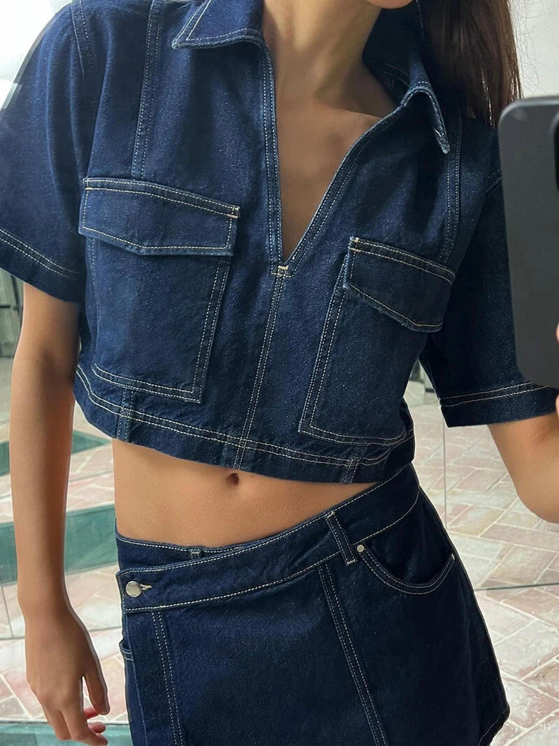 Women's Denim Two Piece Set with Cropped Top and High Waist Shorts
