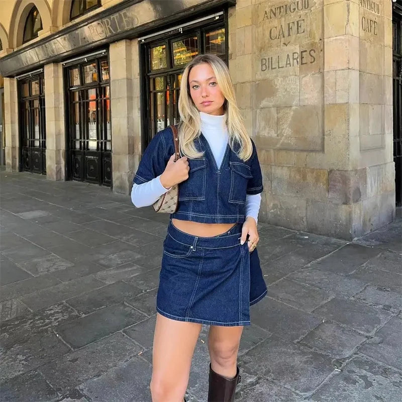 Women's Denim Two Piece Set with Cropped Top and High Waist Shorts