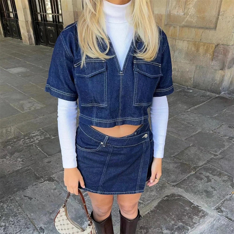 Women's Denim Two Piece Set with Cropped Top and High Waist Shorts
