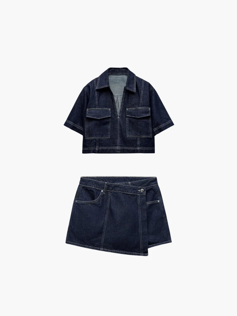Women's Denim Two Piece Set with Cropped Top and High Waist Shorts