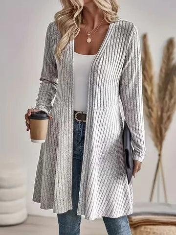 Women's Casual Ribbed V Neck Long Cardigan