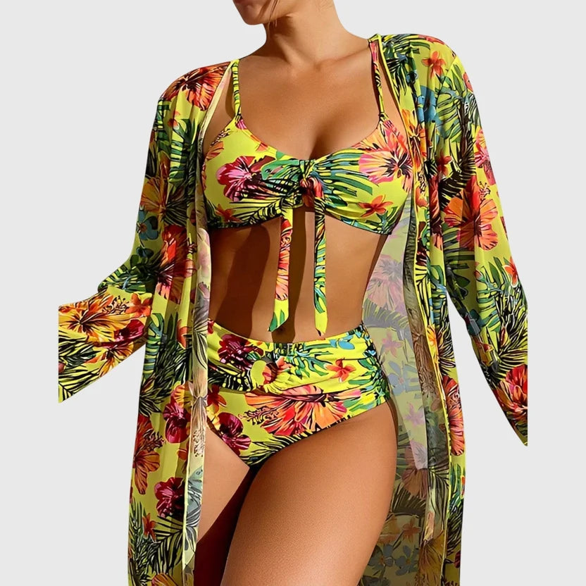 Tropical Floral High Waisted 3 Piece Bikini Set