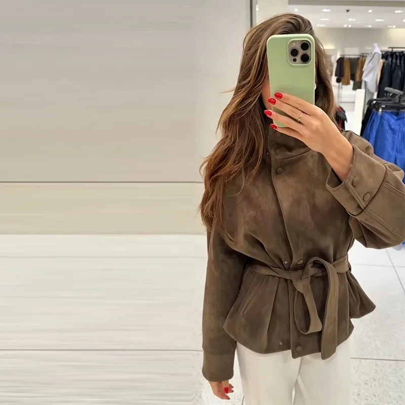 Women's Brown Jacket with Tie Waist